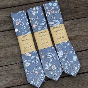 Steel Blue Floral Neck Ties For Man On Wedding Day, Steel Blue Floral Skinny Ties  For Groomsmen, Mens Ties For Matching Davds Bridal