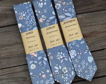 Steel Blue Floral Neck Ties For Man On Wedding Day, Steel Blue Floral Skinny Ties  For Groomsmen, Mens Ties For Matching Davds Bridal