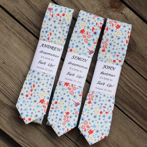 Sky Blue Floral Cotton Tie, Handmade Skinny Necktie