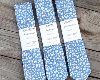 Steel Blue Floral Neck Ties For Men On Wedding, Steel Blue Floral Skinny Ties  For Groomsmen, Mens Ties For Matching Davds Bridal