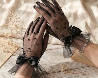 Guanti in tulle trasparente color perla mezzanotte / Fascia da sera nera / Guanti in rete con perle decorate a mano / Accessorio moda dark romance