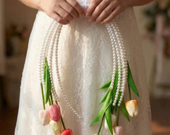 In Heaven Match White Calla Lily Bridal Hoop Bouquet | Cascading Pearl Strands | Elegant Wedding Bouquet | Bridal Keepsake