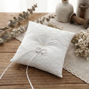 Wedding Ring Pillow | Satin with Lace Trim | Available in Ivory | Romantic Ribbon Bow | Ring Bearer Accessory