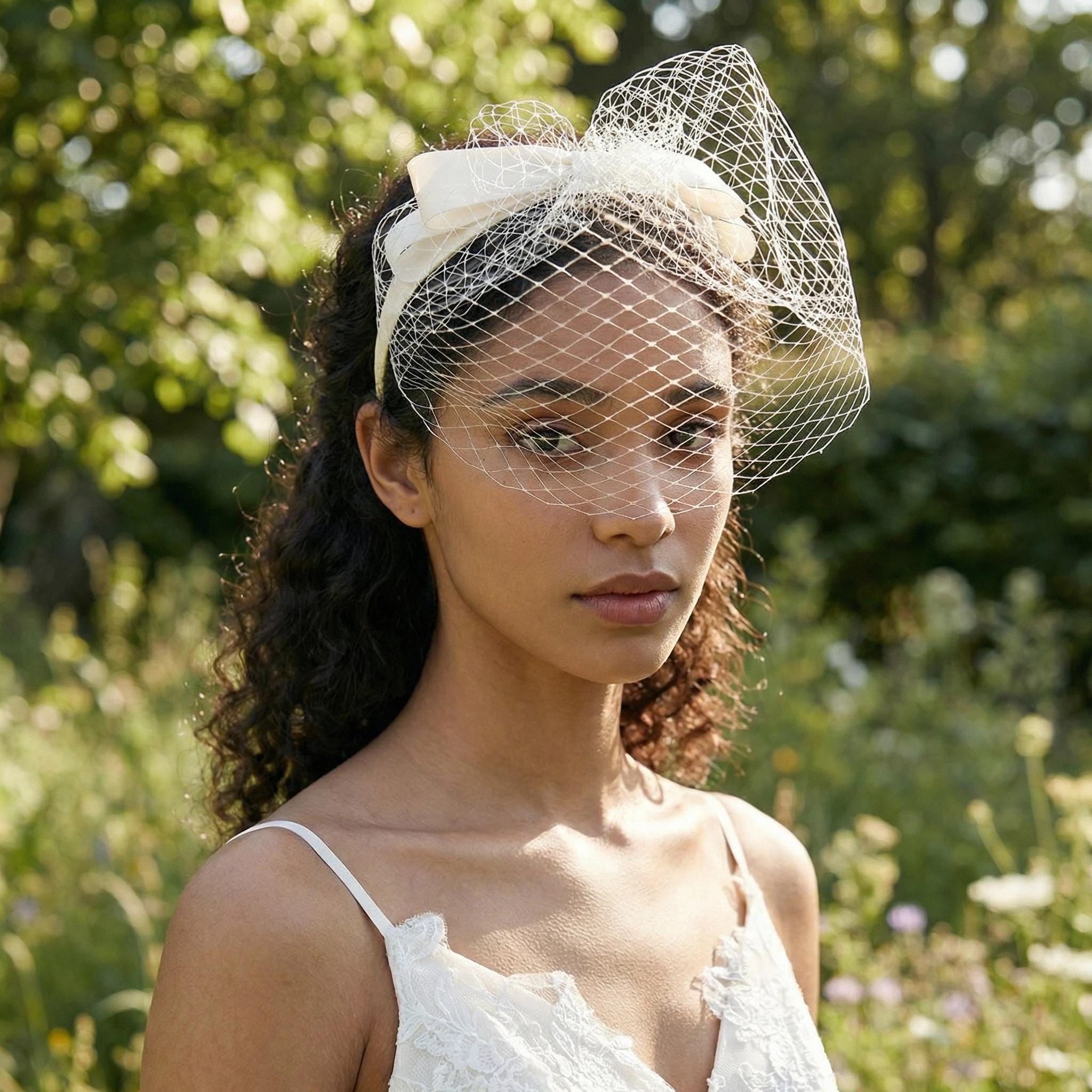 Bridal Birdcage Hair Clip with Netting and Lace Floral Details Bridal birdcage headband veil, plain - Style #2350 main image 3