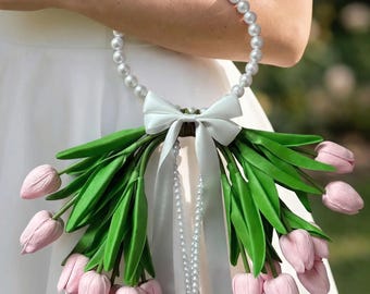 In Heaven Match Pink Tulip Bridal Hoop Bouquet | Oversized Pearl Hoop | Satin Ribbon & Pearl Tassel | Bridal Keepsake