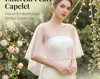 Mantellina da sposa con bordo di perle / Coprispalle da sposa in tulle con bordo di perle / Delicata mantellina da sposa per le spalle / Accessorio essenziale per il matrimonio