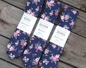 Rich Navy Rose Skinny Ties, Foral Skinny Ties, Flower Skinny Ties, Wedding Bow Ties, Groomsmen Ties, Groomsmen Gift