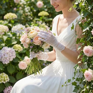 May include: A bride in a white dress holds a bouquet of pastel flowers. She wears delicate white lace gloves. The background shows a garden with various flowers and greenery.