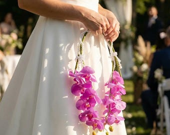 Bouquet da sposa a cerchio con orchidee viola In Heaven Match / Fili di perle luminose / Bouquet da sposa da tenere in mano / Ricordo della sposa