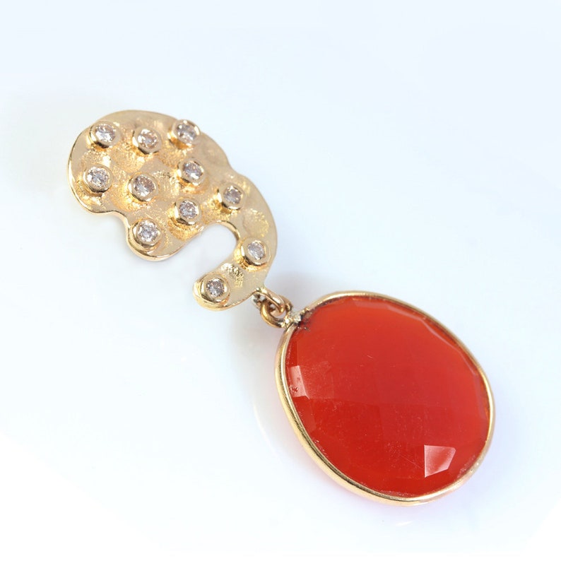 Orange Onyx Gemstone Natural Diamond Setting Pendant Solid 18K Yellow Gold Designer Handmade Fine Valentine Gift Jewelry JayporeCreations