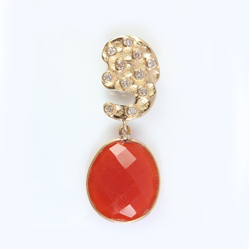 Orange Onyx Gemstone Natural Diamond Setting Pendant Solid 18K Yellow Gold Designer Handmade Fine Valentine Gift Jewelry JayporeCreations