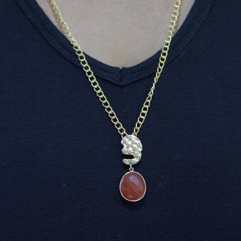 Orange Onyx Gemstone Natural Diamond Setting Pendant Solid 18K Yellow Gold Designer Handmade Fine Valentine Gift Jewelry JayporeCreations