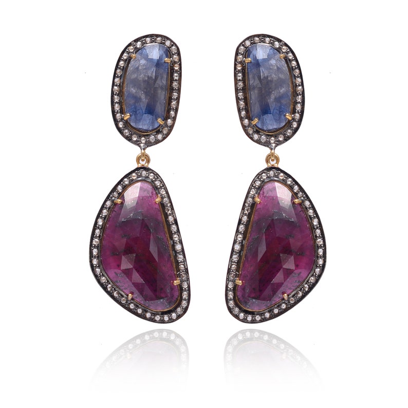 Blue Sapphire Gemstone Diamond Pave Anniversary Earrings Wedding Blue Sapphire Gemstone Diamond Pave Anniversary Earrings Wedding