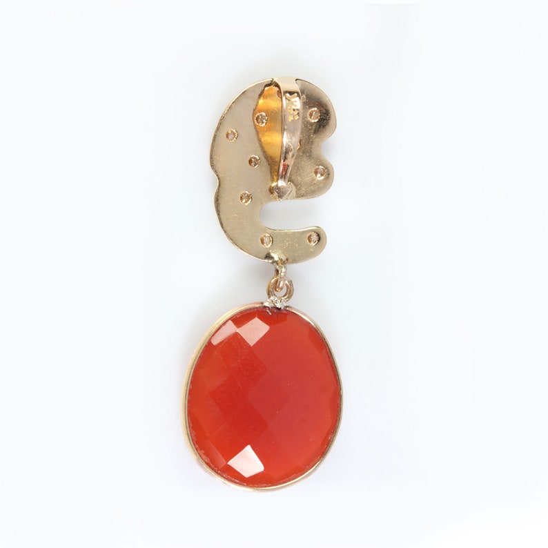 Orange Onyx Gemstone Natural Diamond Setting Pendant Solid 18K Yellow Gold Designer Handmade Fine Valentine Gift Jewelry JayporeCreations