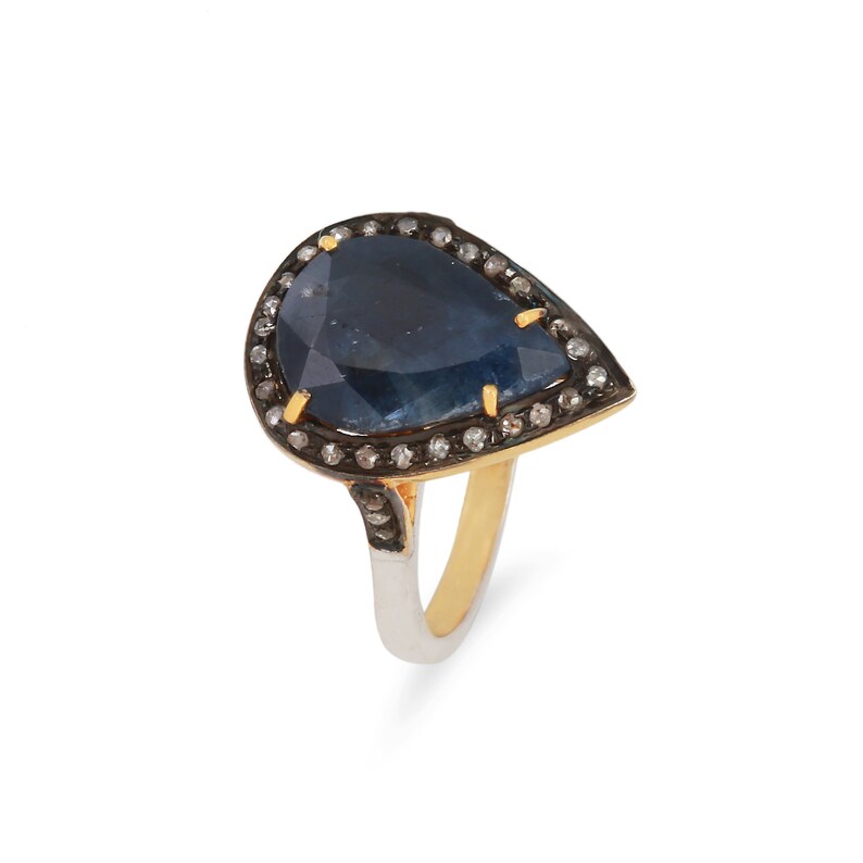 Blue Sapphire Gemstone 14K Gold Anniversary Wedding Birthday Gift Ring 925 Sterling Silver Genuine Diamond Pave Promise Fine Ring Jewelry