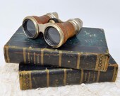 Vintage leather Jockey Club Paris binocular opera glasses book vignettes mens binocular bookshelf decor
