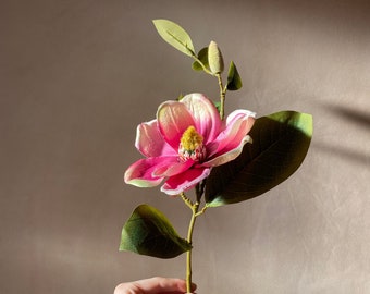 Realistic Lifelike Variated Pink Magnolia Flower Stem with yellow Stamens perfect for displaying as a bunch or part of a flower arrangement