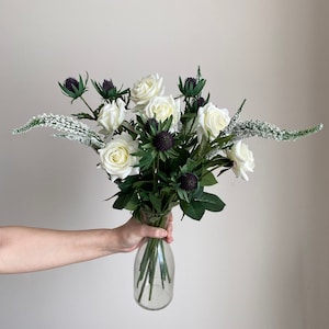 Realistic Silk Artificial Faux Silk Flower Arrangement Bouquet with White Real Touch Roses, Veronicas and Purple Thistles
