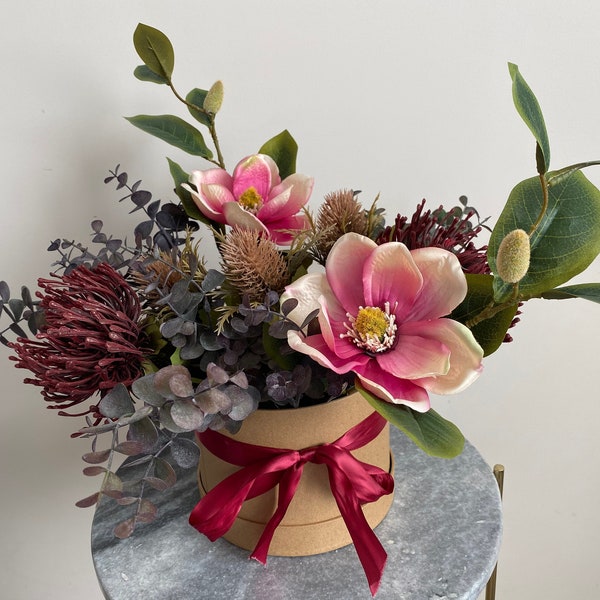 Realistic Artificial Faux Flower Arrangement Hat Box Burgundy Protea Magnolia Eucalyptus Foliage Stems Brown Teasel