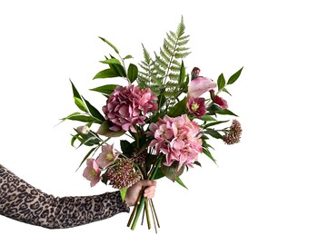 Realistic Real Touch Silk Artificial Flower Arrangement Bouquet Pink Hydrangea Hellebore Lily Sedum Eucalyptus Fern Foliage Valentines Gift