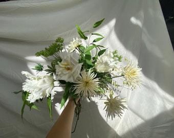 Premium one off silk artificial flower arrangement: white and cream Real touch Tulip, Roses, Chrysanthemums and Foliage.