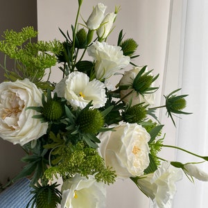 Real Touch Realistic Artificial White & Green Silk Flower Arrangement David Austin Cabbage Roses, Thistles, Liasanthus and Queen Lace Gift