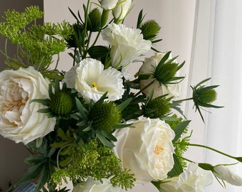 Real Touch Realistic Artificial White & Green Silk Flower Arrangement David Austin Cabbage Roses, Thistles, Liasanthus and Queen Lace Gift