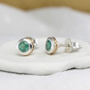 Emerald Stud Earrings, Handmade Sterling Silver Emerald Stud Earrings, Emerald Earrings, Dainty Earrings for Women, Mixed Metal Earrings