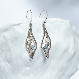Topaz Drop Earrings, Handmade Silver Blue Topaz and Pearl Statement Drop Earrings, Art Nouveau Earrings, Pearl Earrings, Topaz Earrings