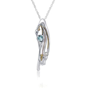 Topaz and Pearl Necklace, Flowing Silver with Blue Topaz and Pearl Pendant, Topaz Necklace, Sterling Silver Necklace, Handmade Necklace