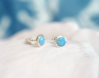Handmade Sterling Silver Round Blue Opal Studs, Opal Earrings, All Occasions, October Birthstone Jewellery, Minimalist Jewellery