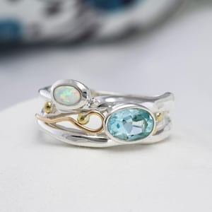Gemstone Ring, Opal Ring, Topaz Ring, Blue Topaz and Opal Gemstone Ring, Statement Ring, Designer Ring, Handmade Ring, Artisan Jewelry
