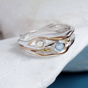 Gemstone Ring, Handmade Sterling Silver Pearl and Blue Topaz Ring with 14KT Gold, Unique Engagement Ring, Pearl Ring, Handmade Ring