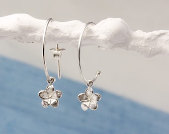 Handmade Sterling Silver Flower Charm Hoop Earrings, Flower Earrings, Dangle Earrings, Flower Lover, Silver Hoop Earrings