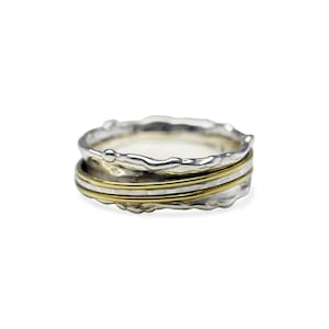 Sterling Silver and Brass Trio Band Spinning Ring, Sterling Silver Ring, Mixed Metal Jewellery, Revolving Ring, Fidget Ring, Anxiety Ring