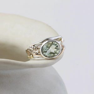 Green Amethyst Ring, Handmade Sterling Silver Green Amethyst Ring with Leaf Motif, Statement Ring, Gemstone Ring, Botanical Jewellery