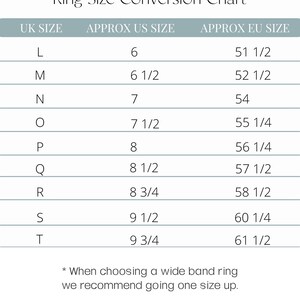 Puede incluir: Tabla de conversi&oacute;n de tallas de anillos de Isla Silver. Muestra tallas de anillos del Reino Unido, EE. UU. y la UE. Las tallas van de L (talla EE. UU. 6, talla UE 51 1/2) a T (talla EE. UU. 9 3/4, talla UE 61 1/2).