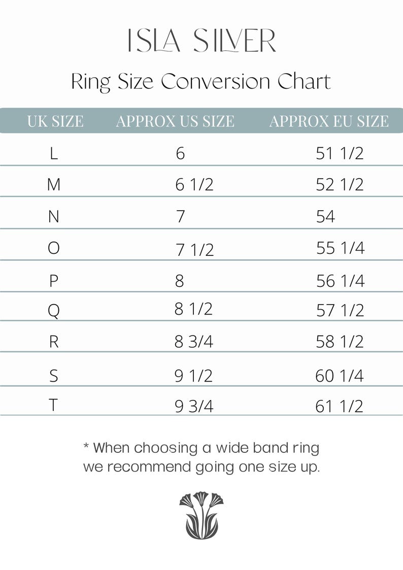 Puede incluir: Tabla de conversi&oacute;n de tallas de anillos de Isla Silver. Muestra tallas de anillos del Reino Unido, EE. UU. y la UE. Las tallas van de L (talla EE. UU. 6, talla UE 51 1/2) a T (talla EE. UU. 9 3/4, talla UE 61 1/2).
