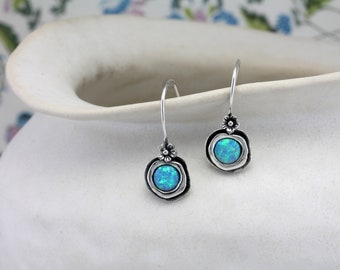 Handmade Sterling Silver Opal Earrings With Dainty Flower Detail, Drop Earrings, Opal Drop Earrings for Women, Flower Theme