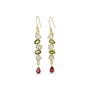 Peridot, Moonstone and Tourmaline Gold Drop Earrings, Moonstone Dangle Earrings, Elegant Earrings, Christmas Jewellery image 2