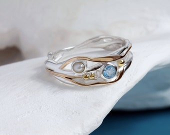 Handmade Sterling Silver Pearl and Blue Topaz Ring with 14kt Gold, Unique Engagement Ring, Coastal Style, Art Nouveau Ring