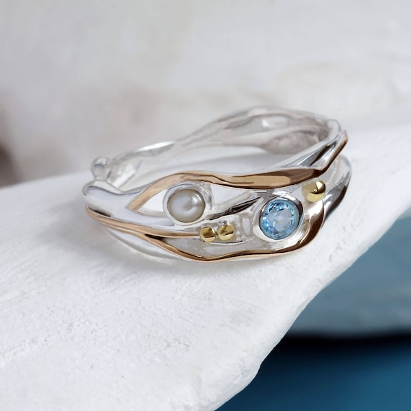 Handmade Sterling Silver Pearl and Blue Topaz Ring with 14kt Gold, Unique Engagement Ring, Coastal Style, Art Nouveau Ring