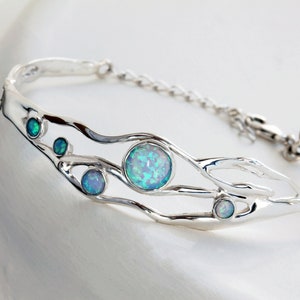 Handmade Organic Sterling Silver Blue Fire Opal Bracelet, Statement Bracelet, Blue Opal Bangle, Charm Bracelet Opal image 1