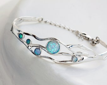 Handmade Organic Sterling Silver Blue Fire Opal Bracelet, Statement Bracelet, Blue Opal Bangle, Charm Bracelet Opal