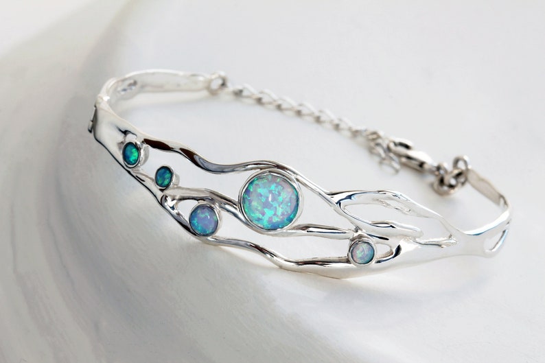 Handmade Organic Sterling Silver Blue Fire Opal Bracelet, Statement Bracelet, Blue Opal Bangle, Charm Bracelet Opal image 1