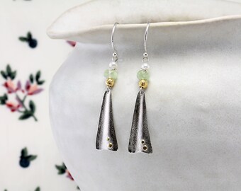 Sterling Silver Prehnite and Pearl Dangle Earrings, Prehnite Earrings, Multi Gemstone Earrings, Ethereal Jewellery