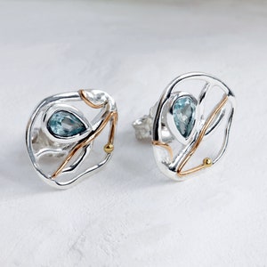 Blue Topaz Earrings, Handmade Blue Topaz Flow Stud Earrings, Topaz Jewellery, Dainty Earrings, Sterling Silver, Gemstone Jewellery