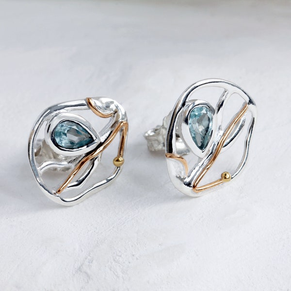Handmade Blue Topaz Flow Stud Earrings, Blue Topaz Earrings, Topaz Jewellery, Ocean Inspired Style, Dainty Earrings, Unique Earrings