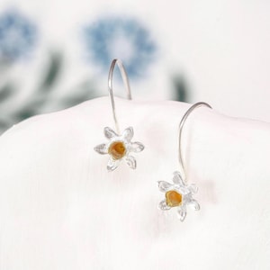 Daffodil Earrings, Mixed Metal Daffodil Sterling Silver Earrings, Flower Earrings, Daffodil Jewellery, March Birthday. Handmade Earrings