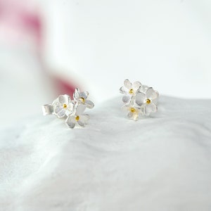 Two Flowers Sterling Silver Studs With Gold Pips, Flower Stud Earrings, Mixed Metal Jewellery image 4